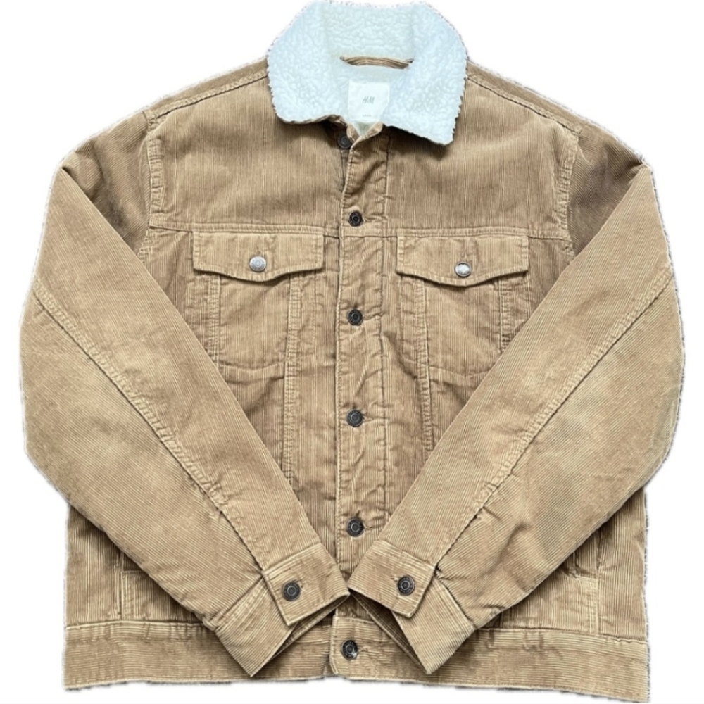 Mens H&M Corduroy Sherpa Jacket  Beige Padded Warm Cozy Outdoors Mountains M